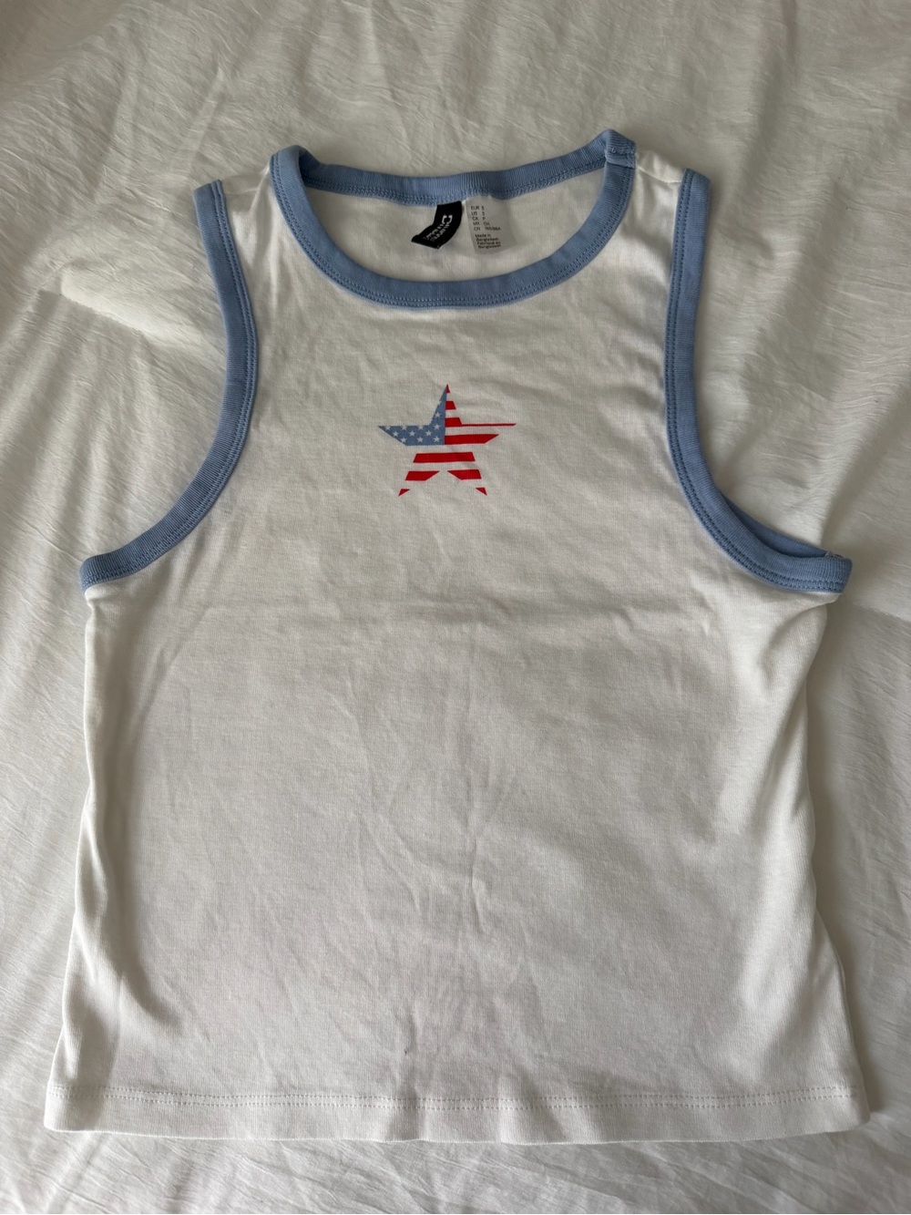 H&M White Tank Top with Light Blue Trim and Flag Star Graphic